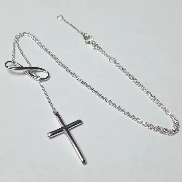 925 Sterling Silver Infinity Cross Pendant Lariat Necklace Religious Jewelry - Picture 4 of 6